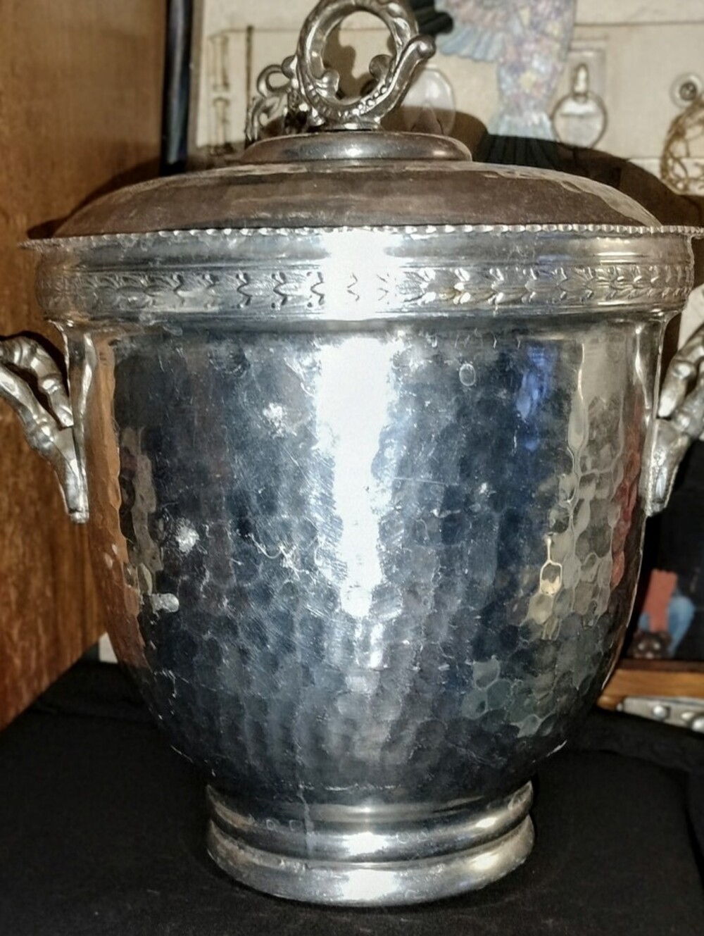 Vintage Hammered Aluminum Ice Bucket W/Lid Ornate Handles Retro Barware